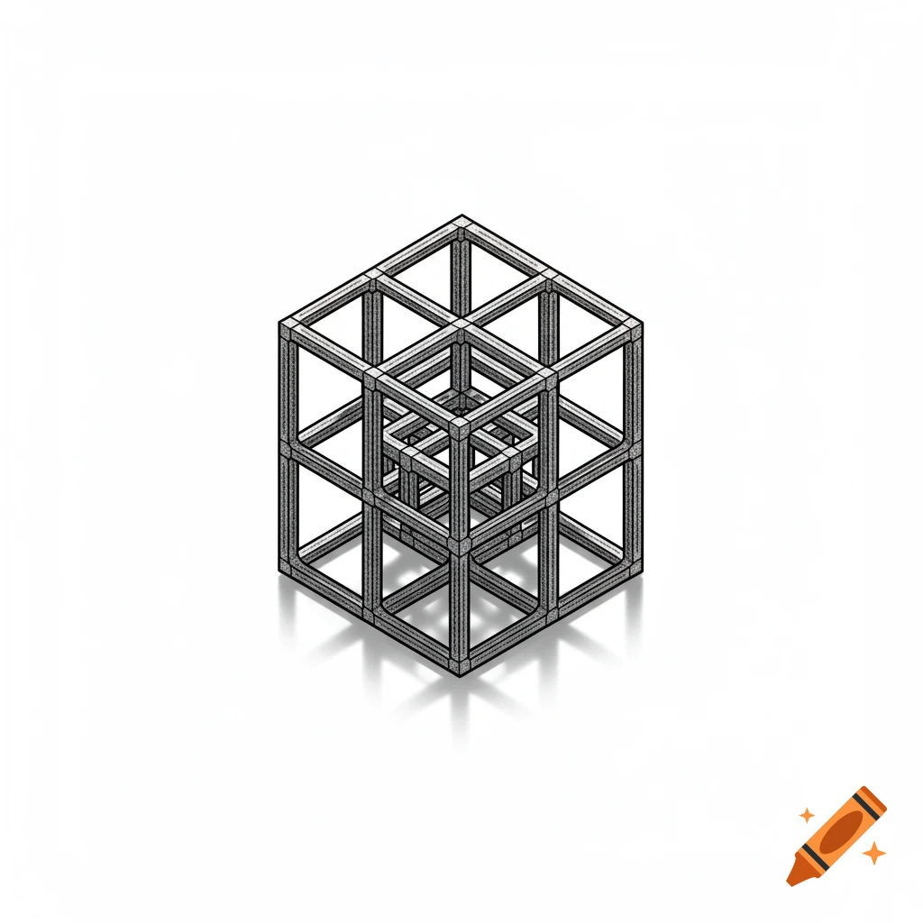 A detailed isometric wireframe drawing of a cube made of smaller cubes, casting a sharp shadow on a white background.