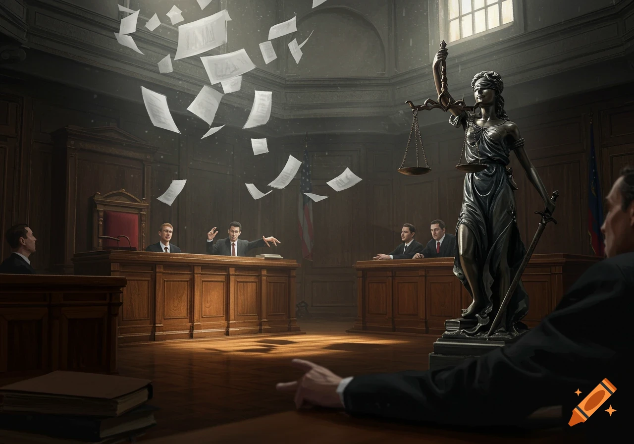 Dramatic courtroom scene with Lady Justice statue, men in suits at desks, and papers flying, photorealistic.