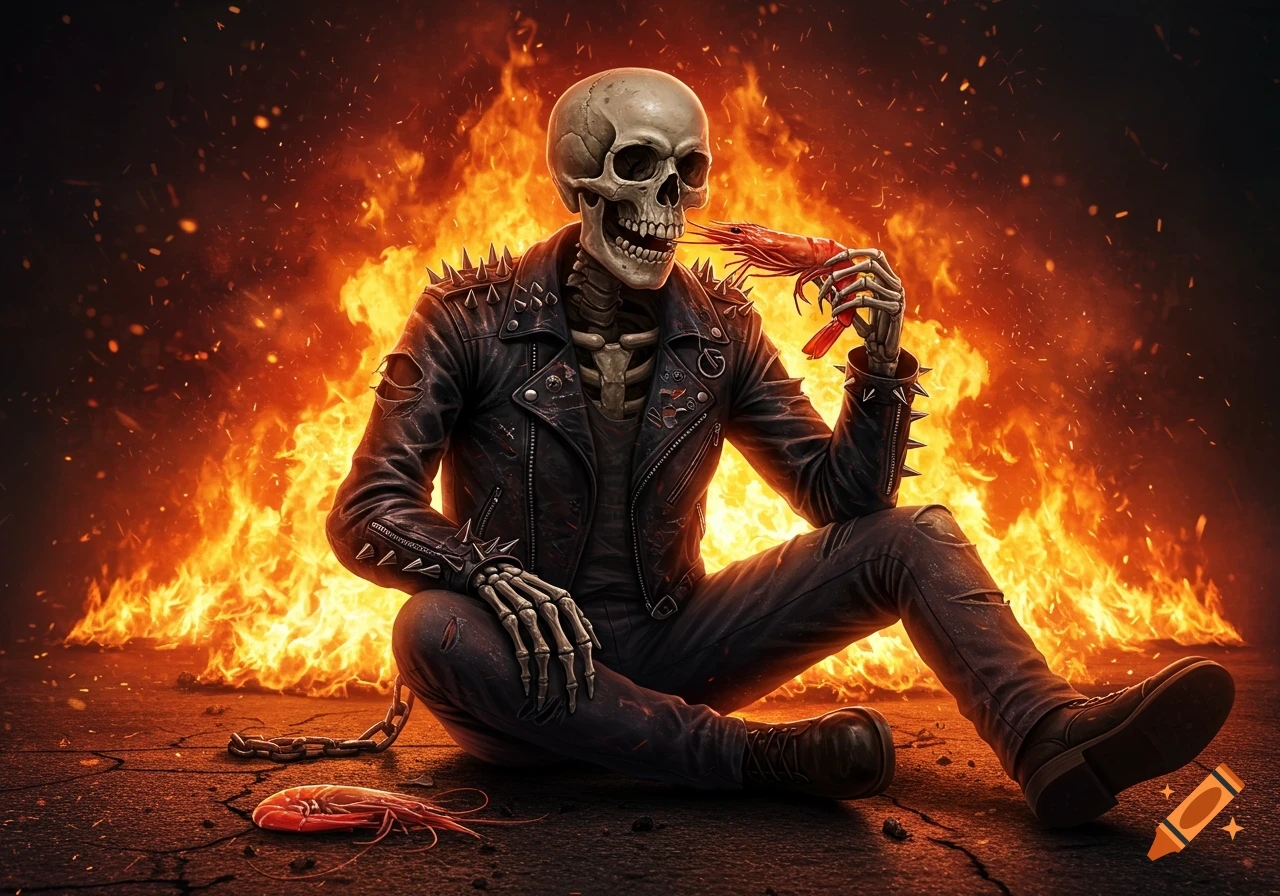 A grinning skeleton in a spiked biker jacket sits on cracked ground, eating a shrimp while surrounded by roaring flames.