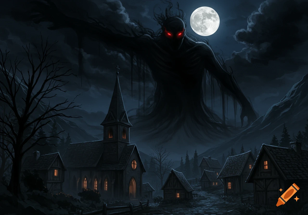A giant shadowy entity with glowing red eyes looms over a dark, moonlit village with a church and houses, in a dark fantasy art style.
