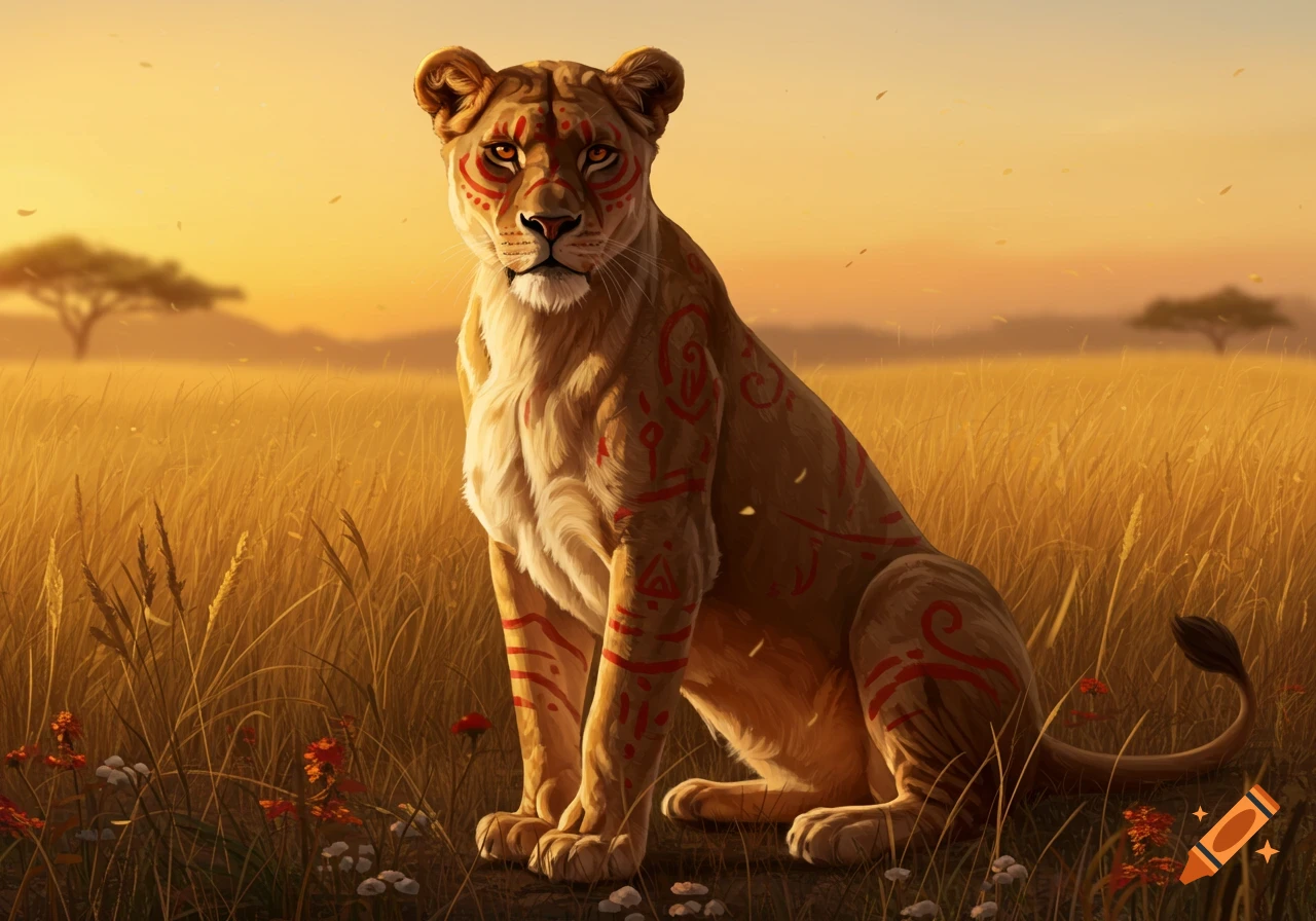 A digital painting of a majestic lioness with red tribal markings sitting in a golden savanna at sunset.