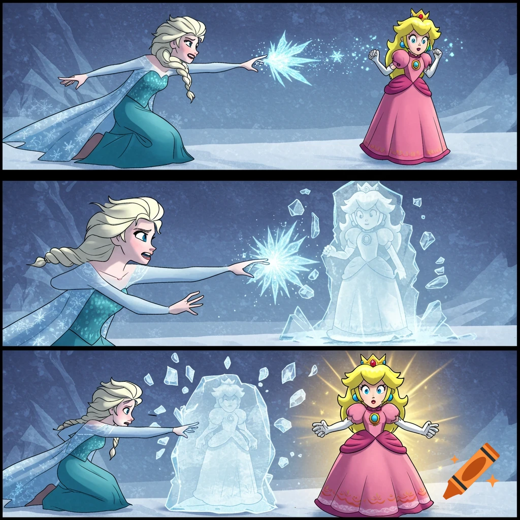 Three-panel cartoon showing Elsa freezing Princess Peach with ice magic, then Peach breaking free from the ice with a glow.