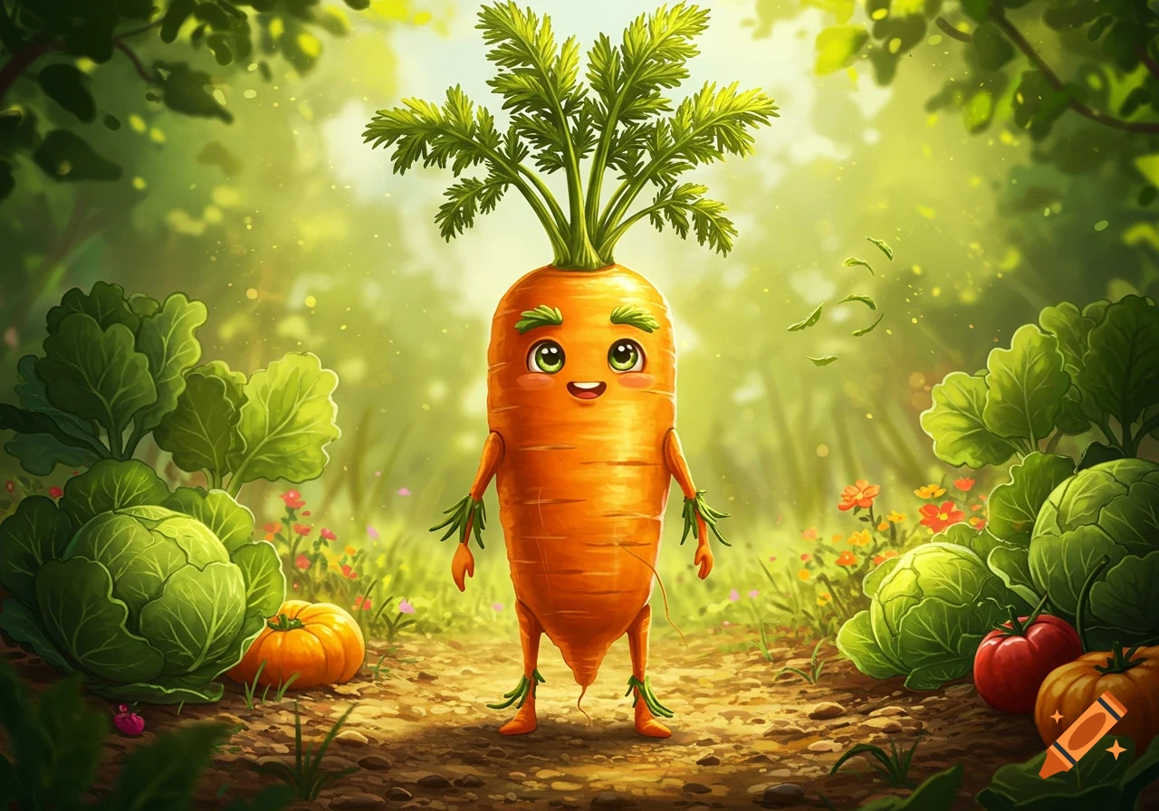 A whimsical cartoon anthropomorphic carrot smiles in a sunny garden with cabbages and pumpkins.