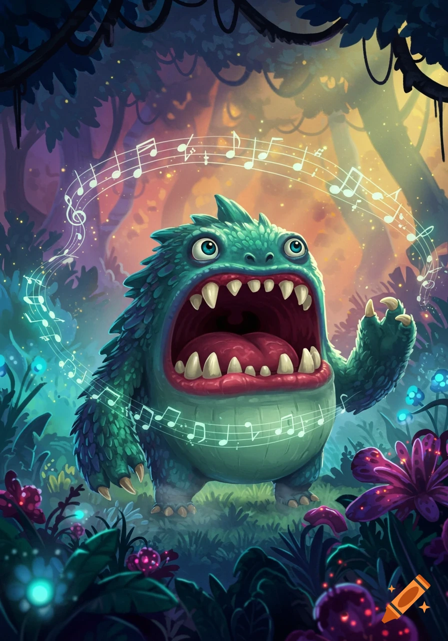 A cute, green, spiky cartoon monster with a wide-open mouth sings in a vibrant fantasy forest, surrounded by musical notes.
