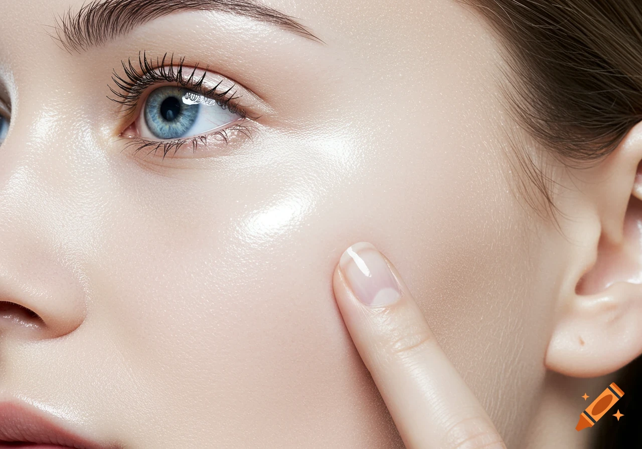 Extreme close-up of a woman's flawless skin, blue eye, and finger on cheek, with a dewy glow.