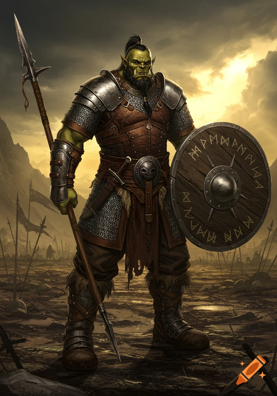 A detailed orc warrior in chain and leather armor stands on a battlefield, holding a spear and a shield with runes.
