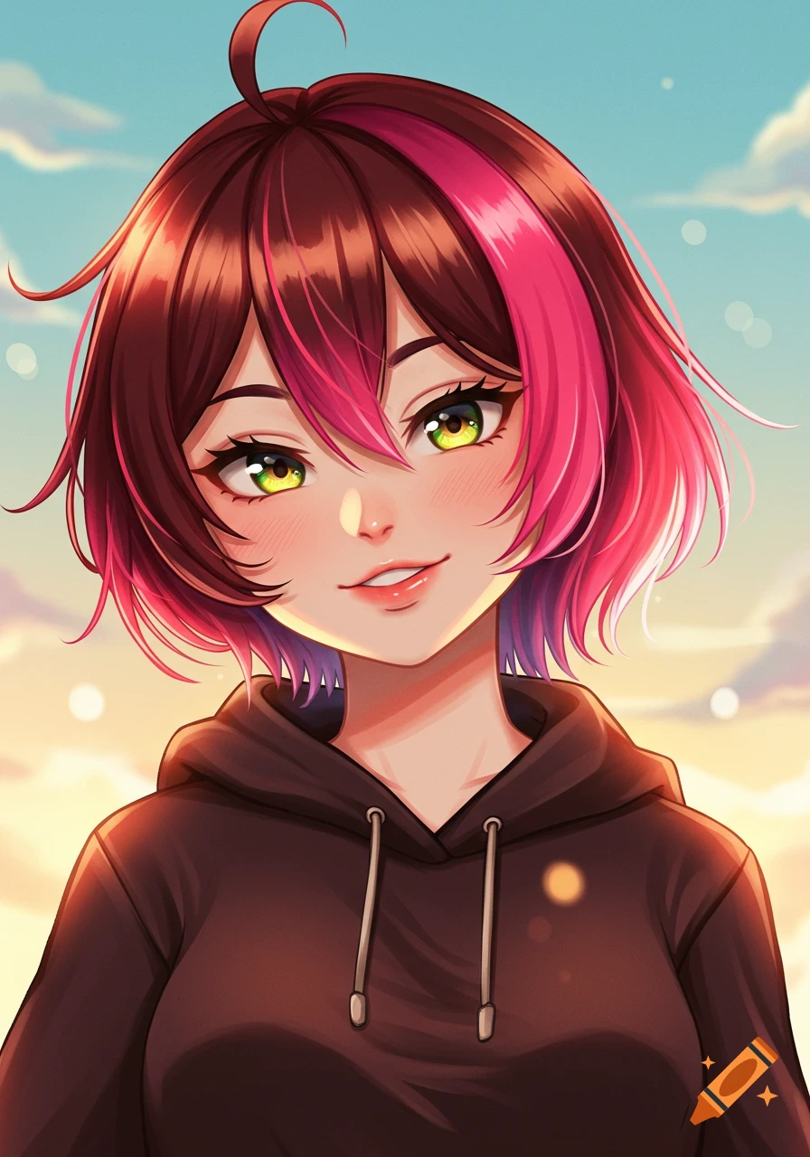 An elegant anime girl with short brown and pink hair, hazel eyes, and a warm smile, wearing a dark brown hoodie against a bright, cloudy sky.