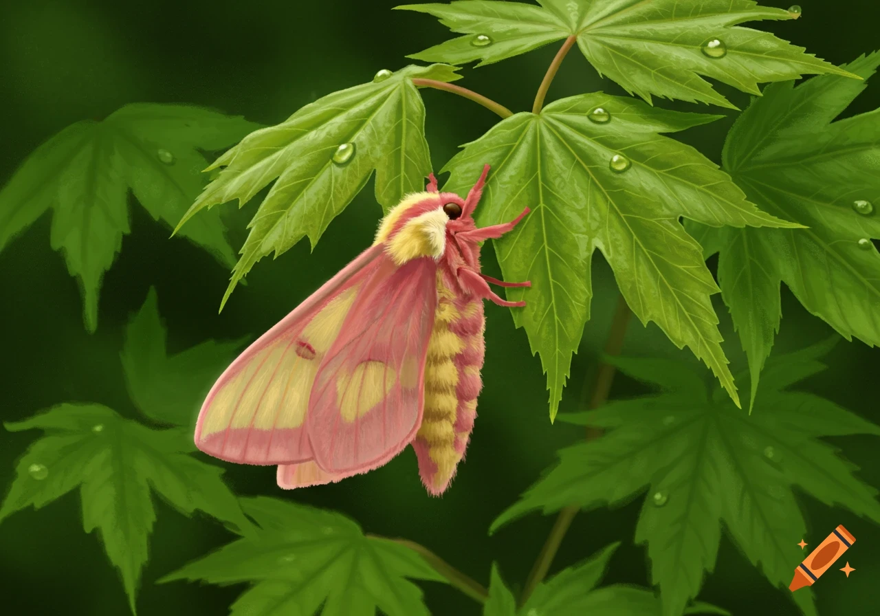 A vibrant pink and yellow rosy maple moth with furry body and translucent wings rests on a green maple leaf with dew drops.