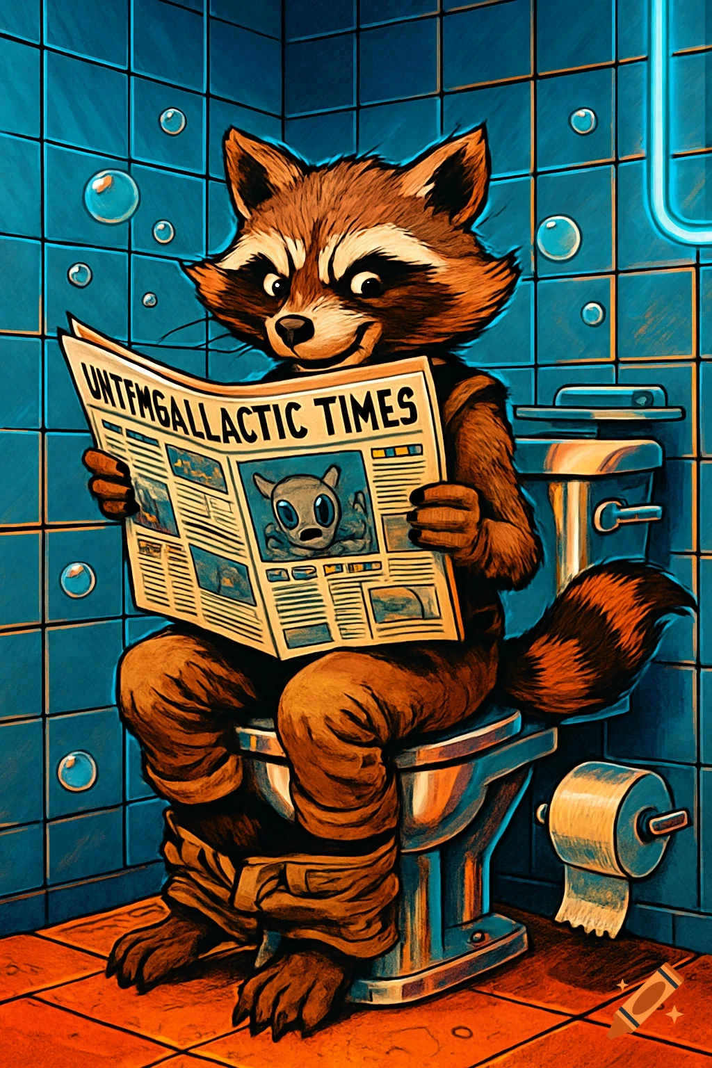 A comic-style raccoon sits on a toilet reading a newspaper with "UNFMGALLACTIC TIMES" on the masthead, pants at ankles, in a blue tiled bathroom.