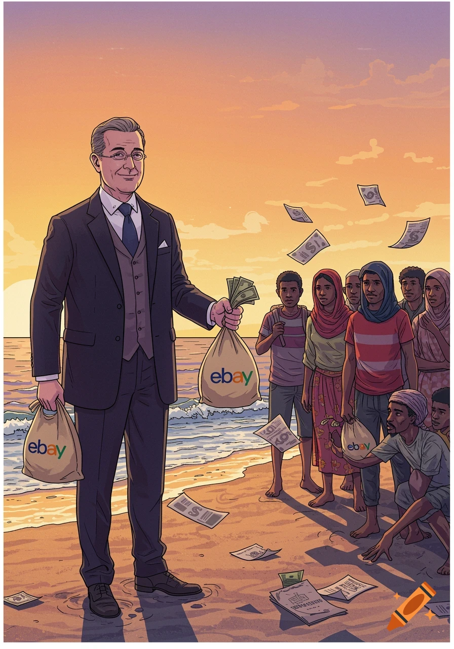 An illustration of a man in a suit giving money bags labeled 'eBay' to a group of people on a beach at sunset, with money flying around.