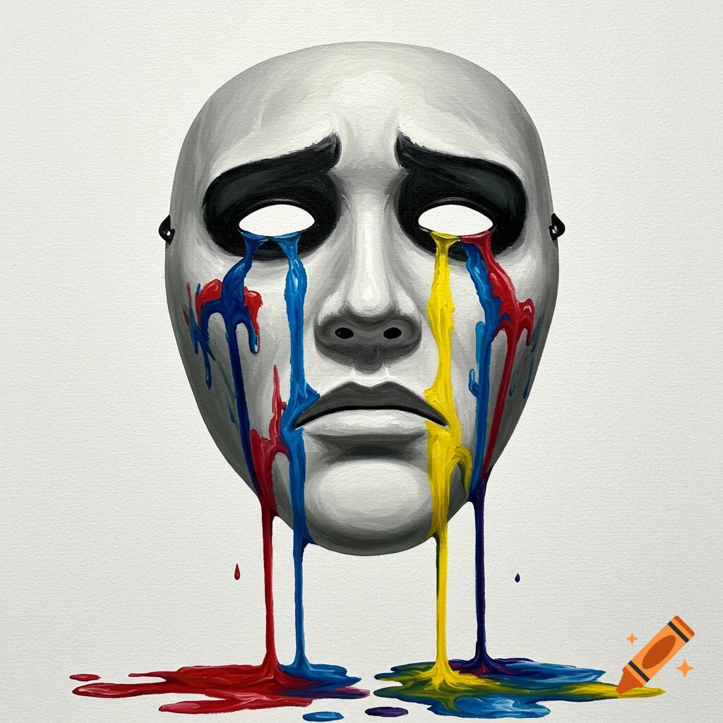 A white mask with black brows and mouth cries thick red, blue, and yellow paint that drips down its face onto a white surface.