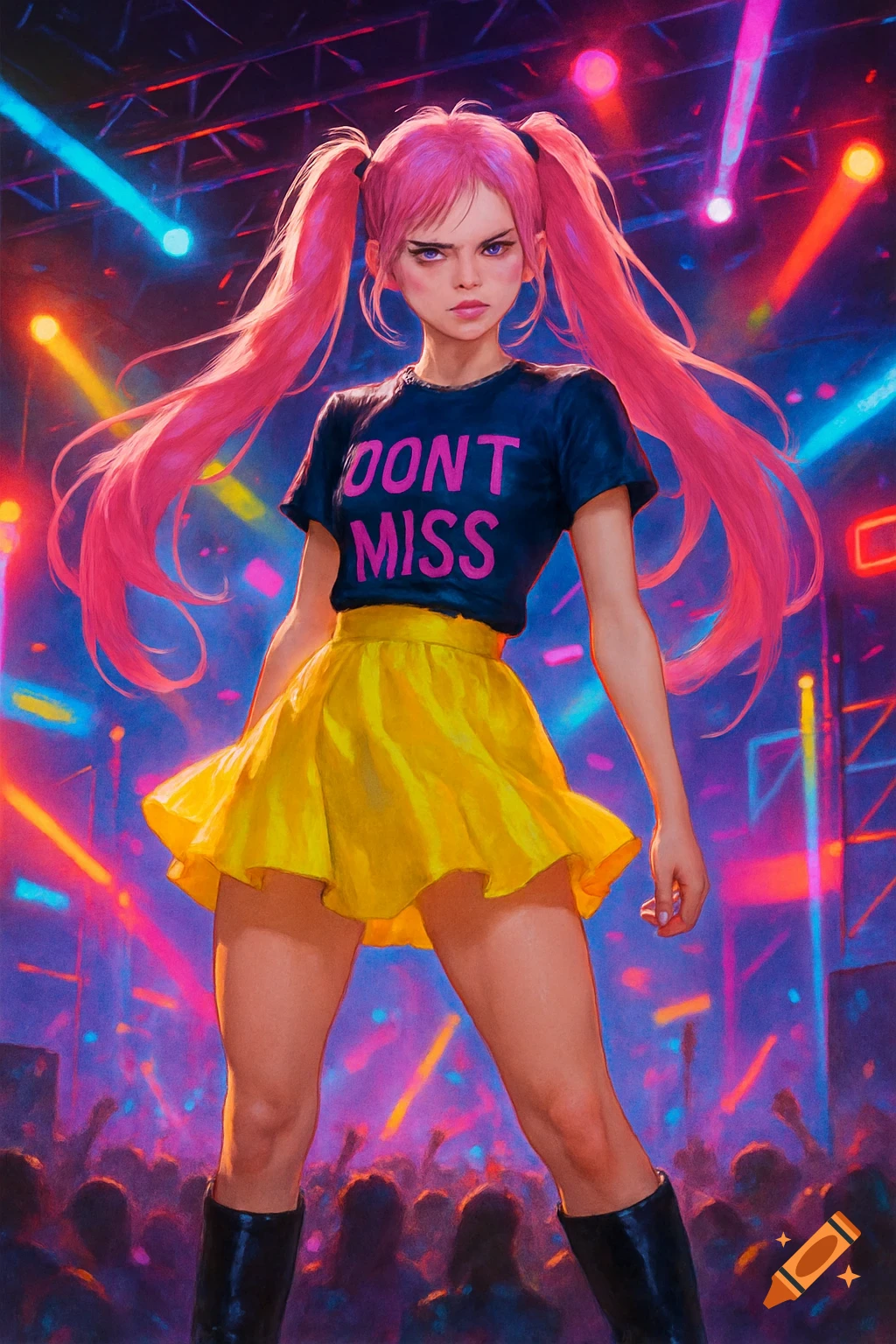 Anime girl with pink pigtails, yellow skirt, and 'DON'T MISS' shirt on a neon-lit stage before a crowd.