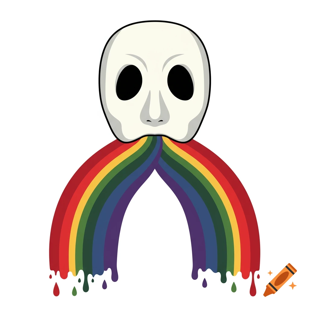 A white phantom-like mask with black eyes expelling two dripping arcs of rainbow colors.