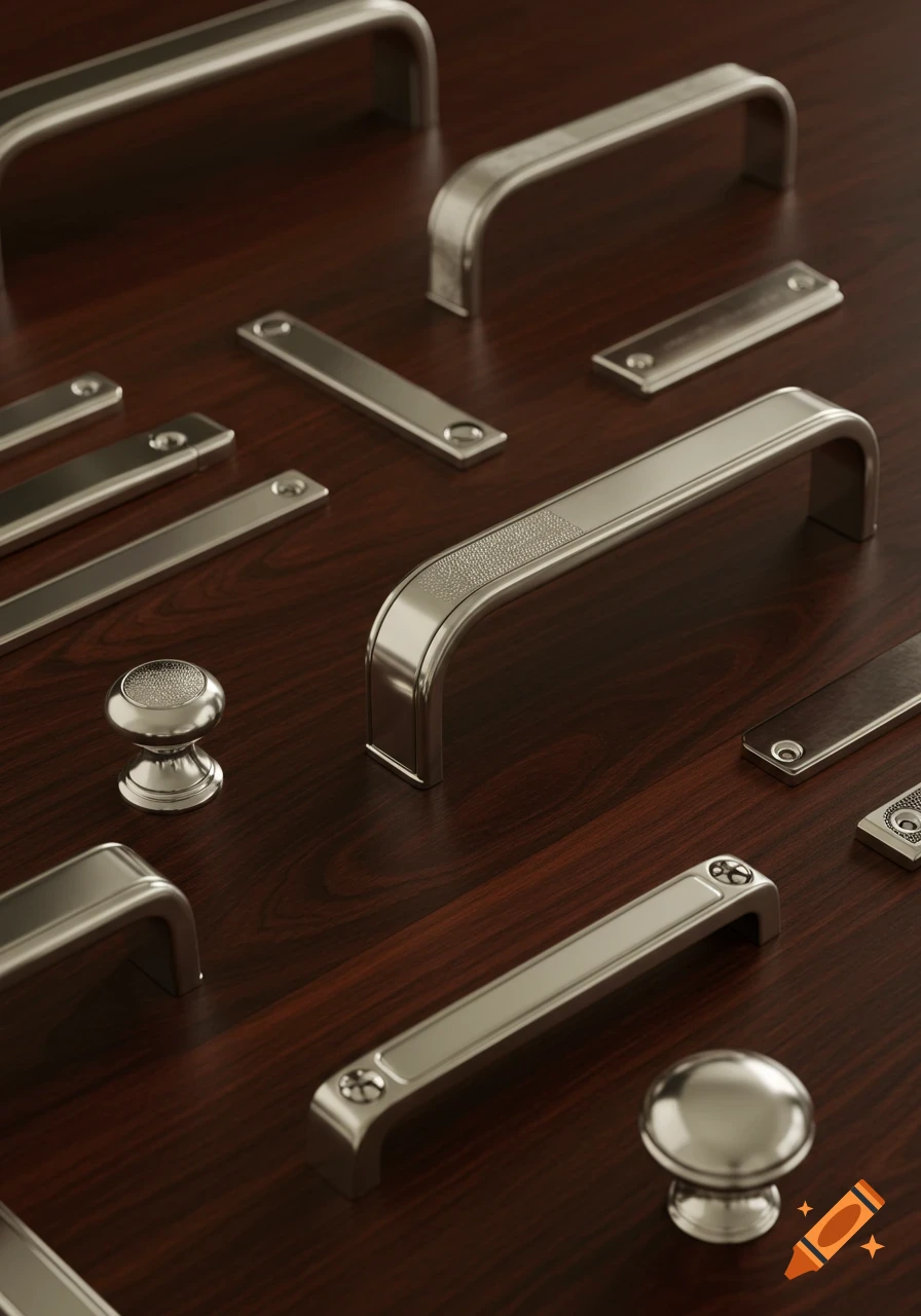 A close-up view of various polished silver metallic handles and knobs arranged on a dark brown wooden surface.