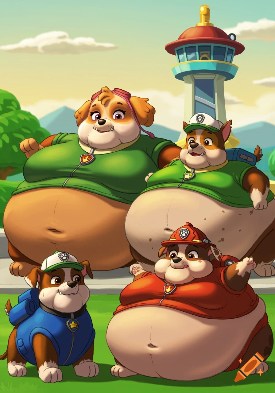 Four obese Paw Patrol dog characters, including Skye, Rubble, and Rocky, stand in a grassy area with the lookout tower behind them.