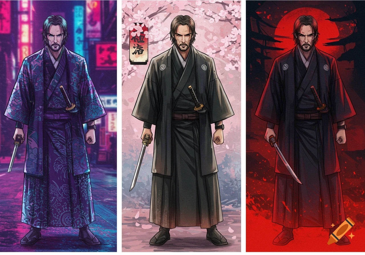 John Wick in Japanese attire holding katanas, depicted in three distinct anime styles: cyberpunk city, cherry blossoms, and red moon.