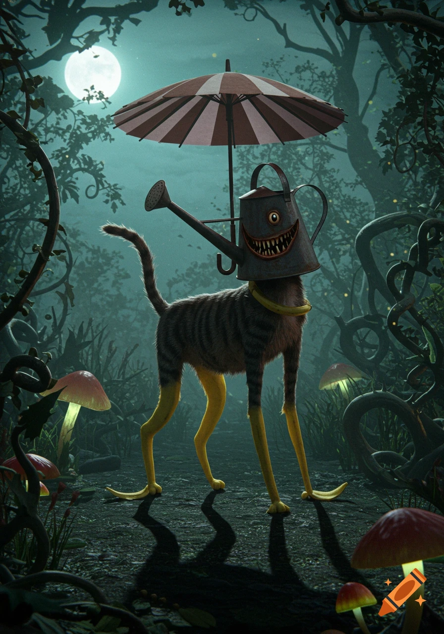A surreal, creepy cat-like creature with a watering can head, umbrella, and yellow legs in a dark, moonlit forest with glowing mushrooms.