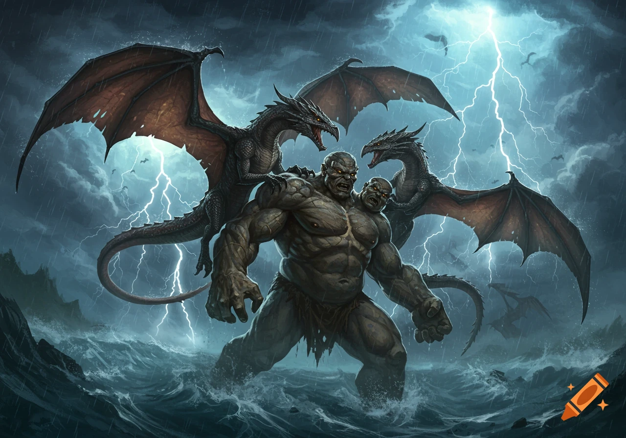 Two black wyverns carry a muscular, two-headed giant over a stormy ocean with lightning, in an epic fantasy art style.