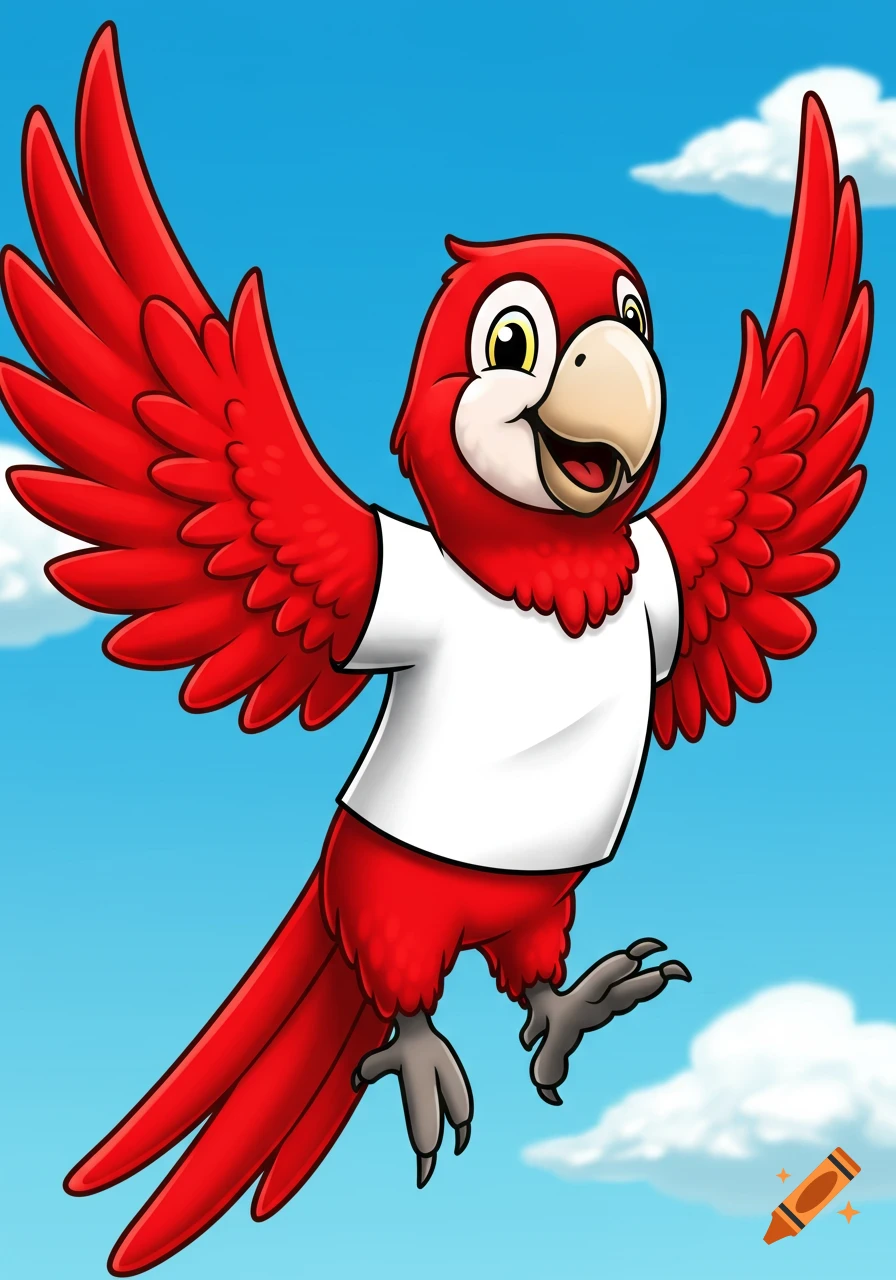 A cheerful red cartoon macaw wearing a white t-shirt flies with outstretched wings against a blue sky.