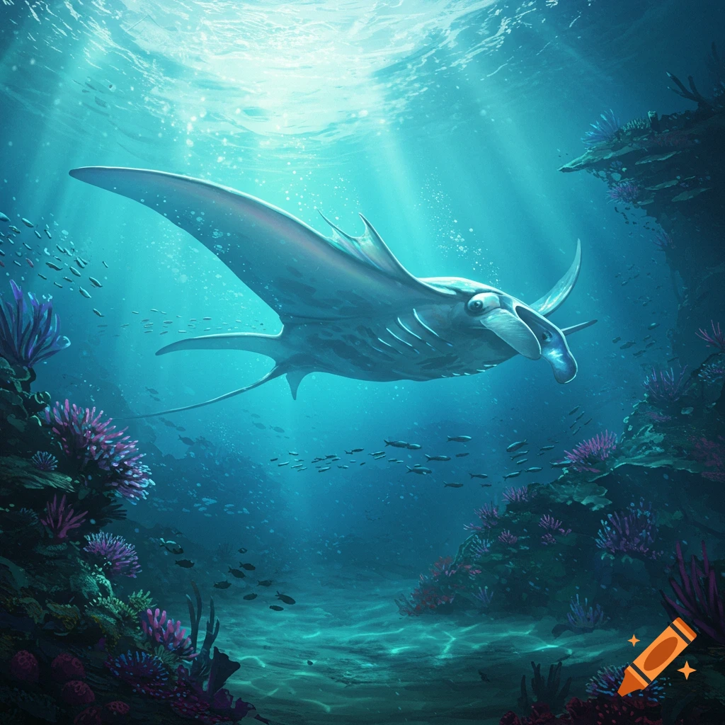 A majestic, alien-like manta ray swims above a vibrant coral reef in clear blue water, with sunbeams filtering from the surface.