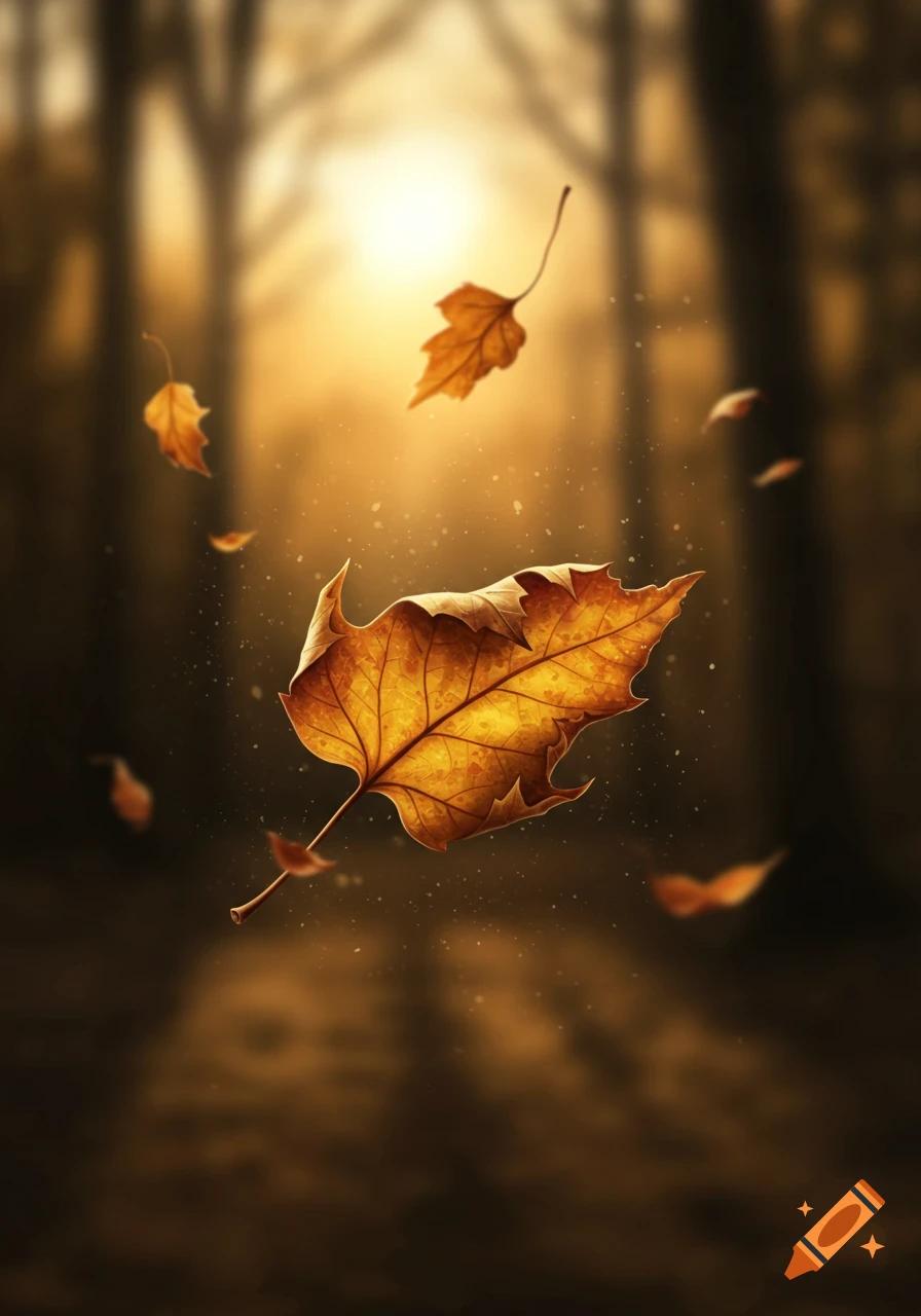 Golden autumn leaves gently fall through a sunlit, hazy forest with a warm, soft glow in a photorealistic style.