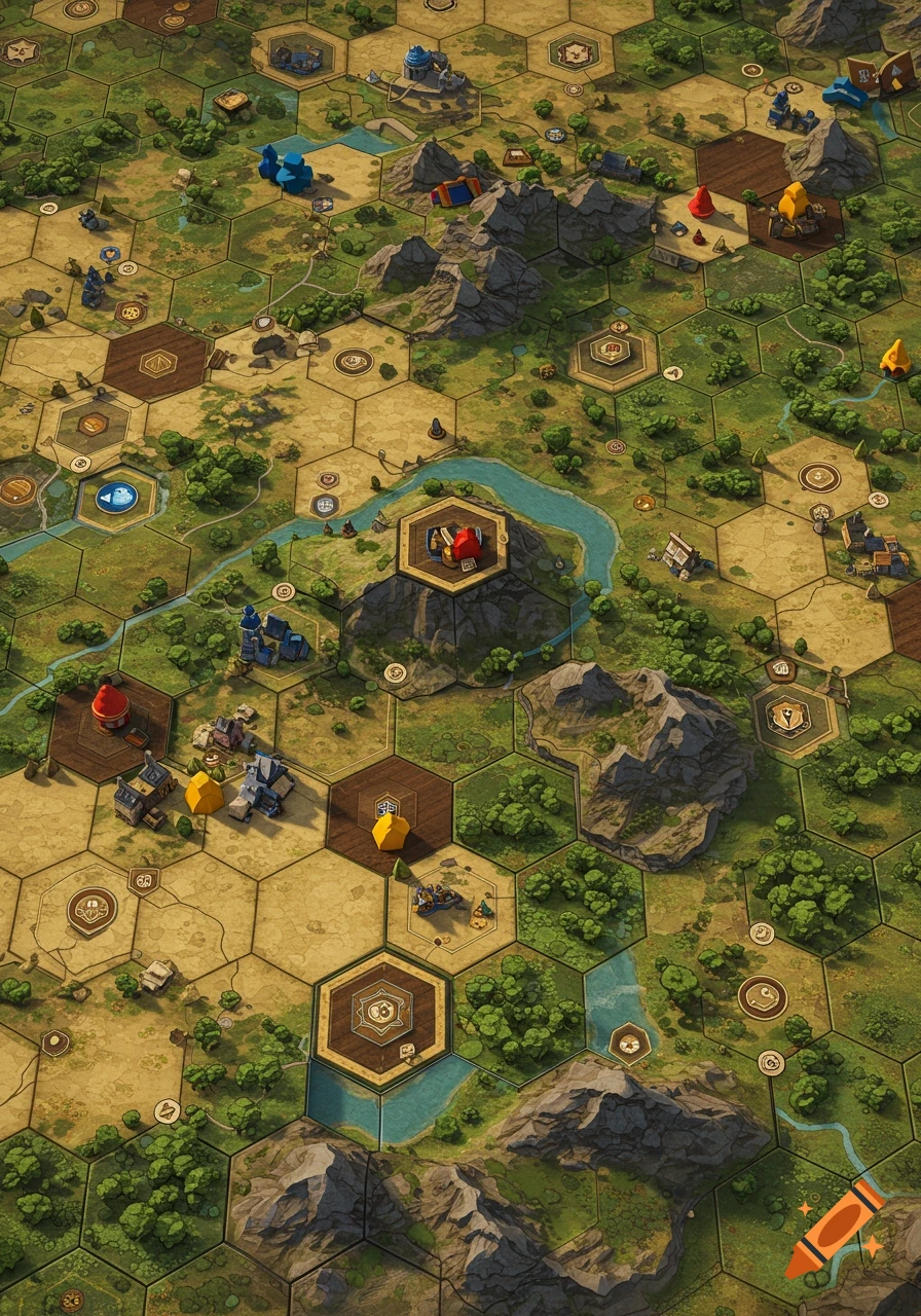 Overhead isometric view of a vibrant hexagonal board game map with mountains, rivers, trees, and colorful miniature buildings.