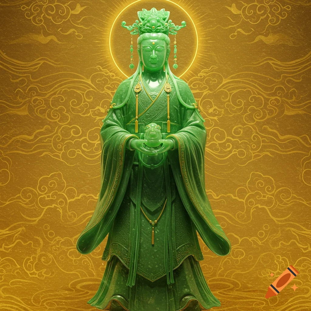 A luminous jade statue of a robed East Asian deity figure with a crown, holding a small object, against a gold background with swirling cloud patterns.