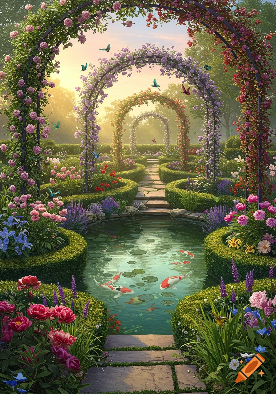 A beautiful garden with floral arches, a pond with koi fish, colorful flowers, and butterflies flying under a bright sky.