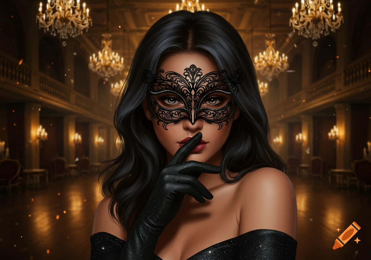 Digital art of a woman in a black lace masquerade mask and gloves, finger to lips, in a grand ballroom.