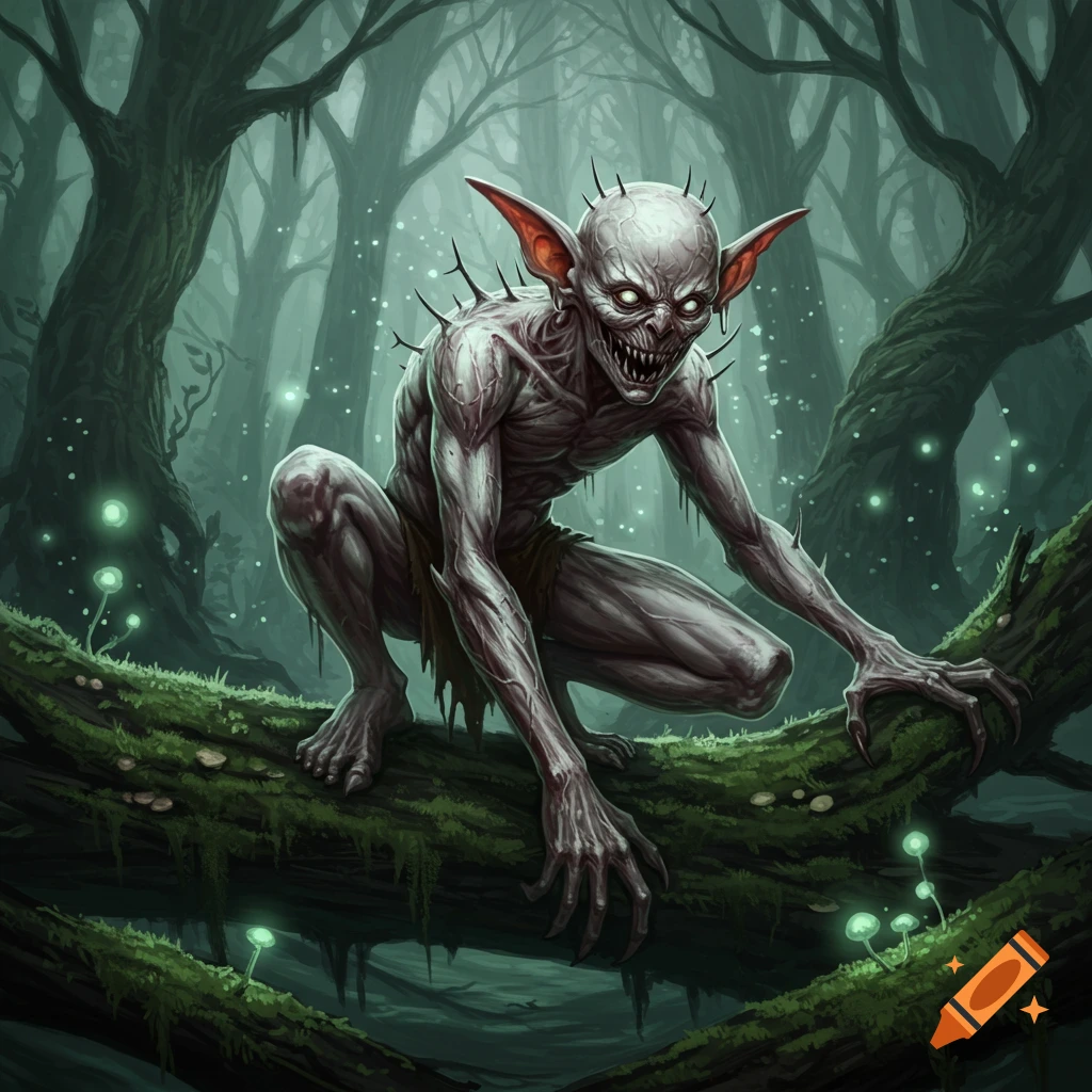 A pale, spiky goblin creature with glowing eyes and sharp teeth crouches on a mossy branch in a dark, misty forest with glowing mushrooms.