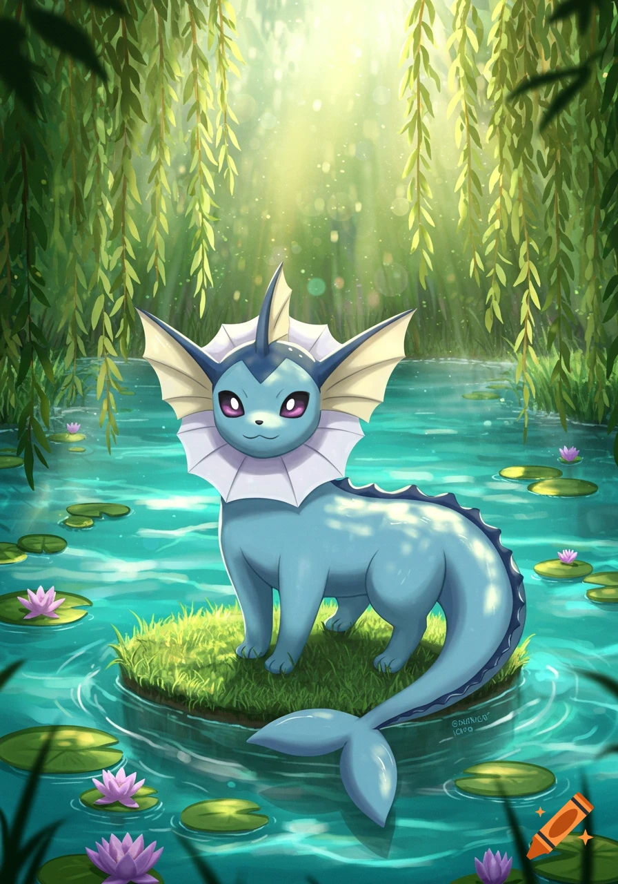 A blue Vaporeon Pokémon sits on a grassy islet in a serene pond with lily pads, surrounded by hanging willow branches, in a digital illustration.