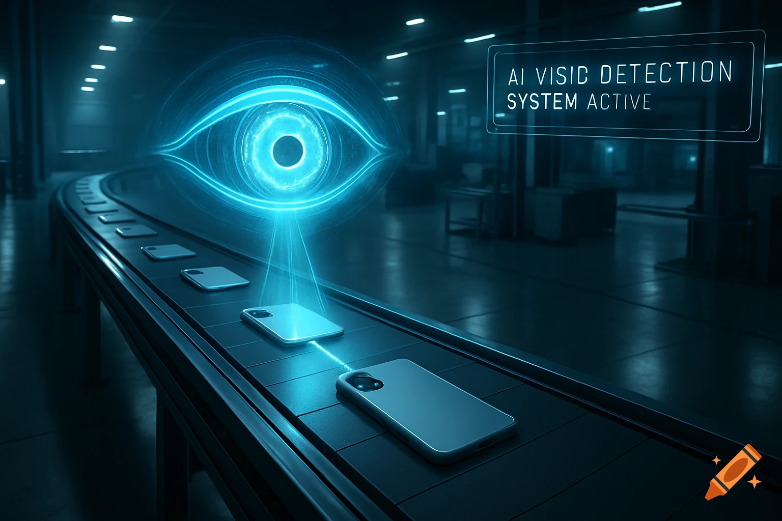 Glowing blue AI eye scans smartphones on a factory conveyor belt in a dark, high-tech setting. UI reads 'AI Visid Detection System Active'.