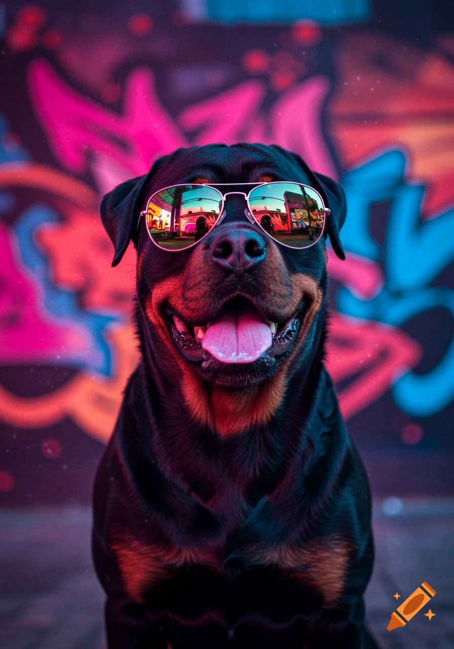 A smiling Rottweiler dog wearing aviator sunglasses in front of a vibrant pink and blue graffiti wall.