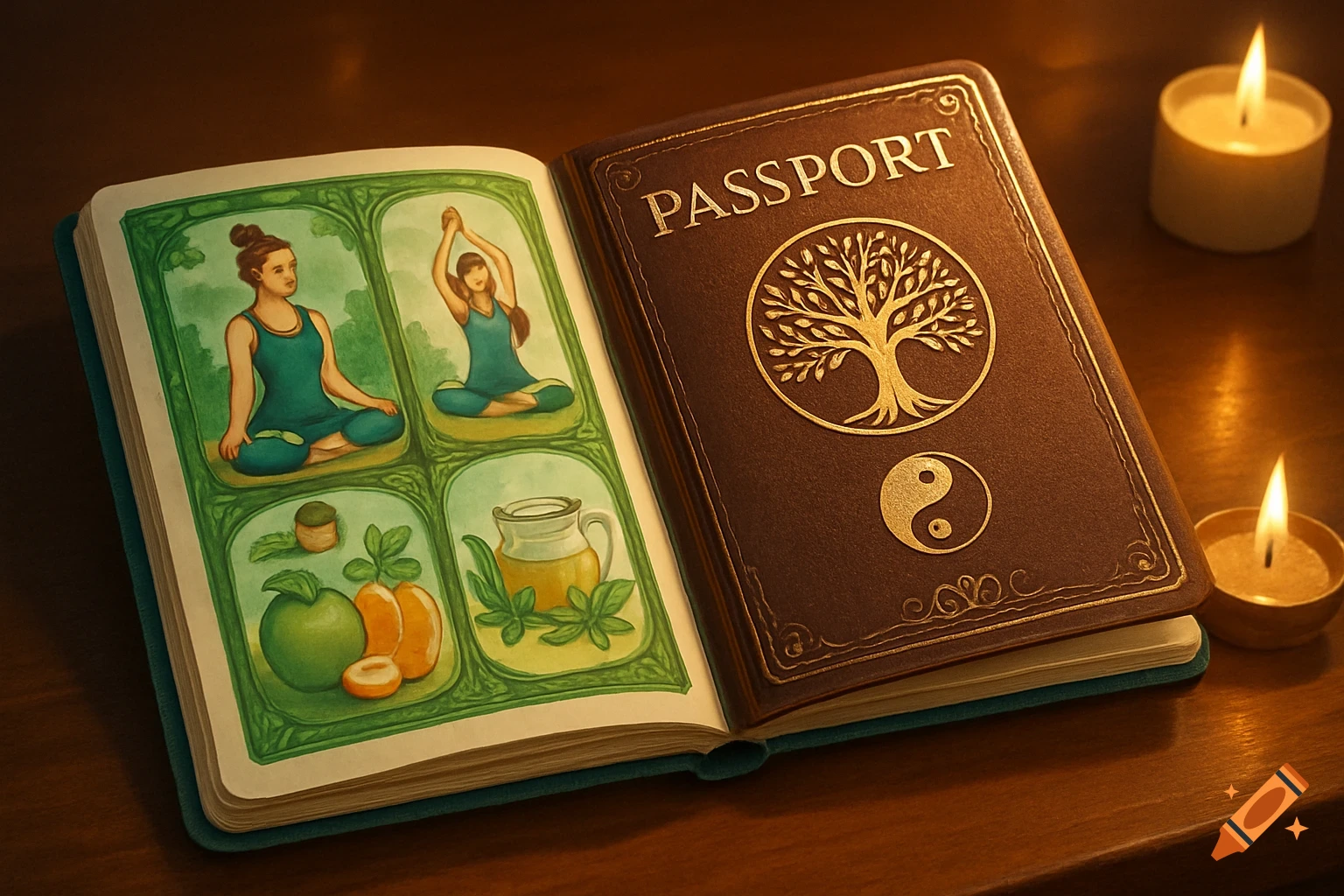 An open book on a wooden table with candles. Left page shows illustrations of yoga and healthy food; right page is a 'PASSPORT' cover with a tree of life and yin-yang.