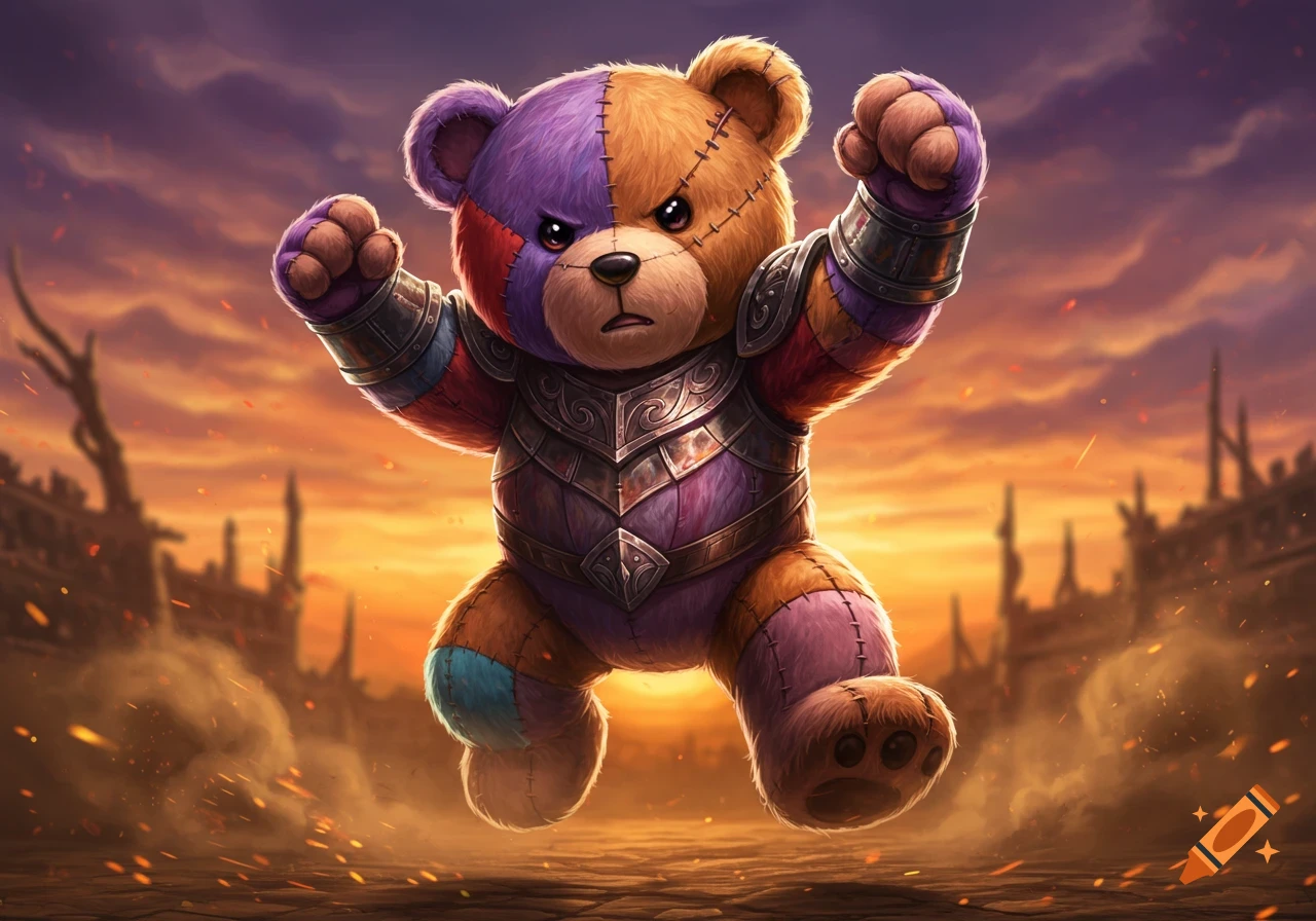 A fierce patchwork teddy bear in ornate armor stands with raised arms against a dramatic sunset over ruined buildings, in a fantasy illustration.