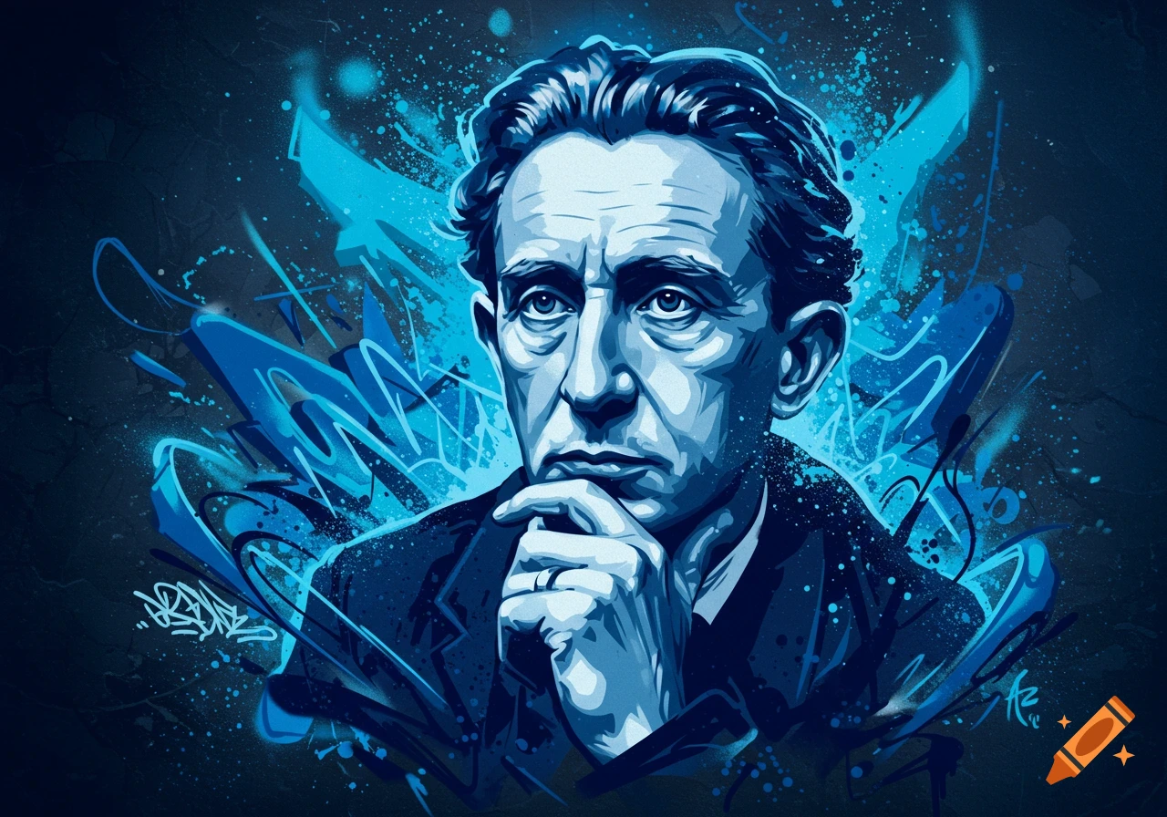 Stylized blue and dark blue graffiti portrait of J.B. Priestley with his chin resting on clasped hands.