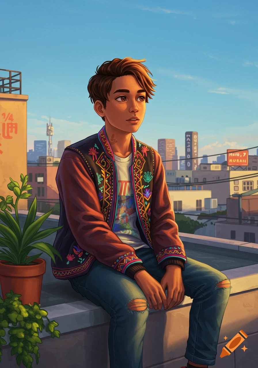 An anime-style teenage boy with brown hair and an embroidered jacket sits on a city rooftop at sunset, looking into the distance.