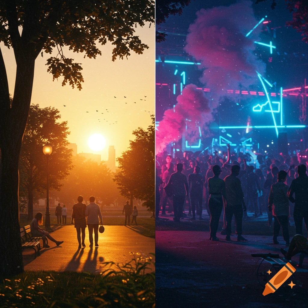 A diptych showing a peaceful sunset park scene on the left and a chaotic neon-lit night party on the right.