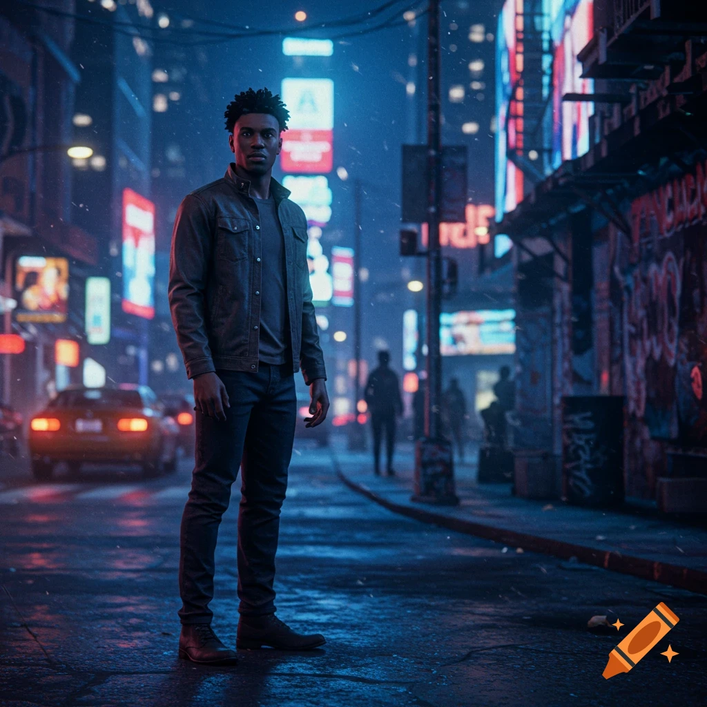 A young Black man stands confidently in a dark, neon-lit city street with graffiti walls and passing cars.