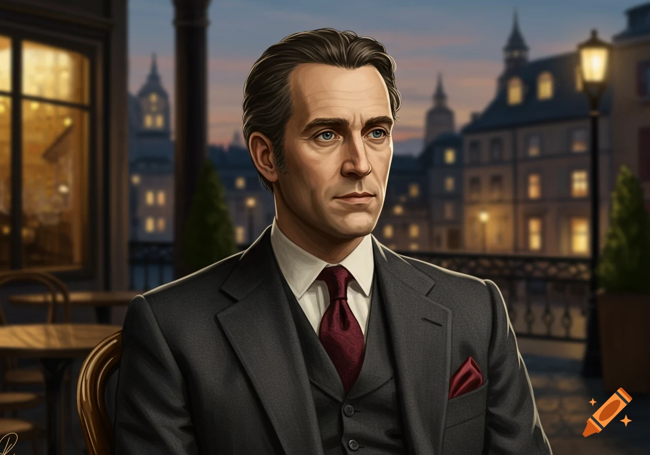 Realistic digital painting of an elegant man in a dark suit and red tie, sitting outdoors at dusk with a city background.