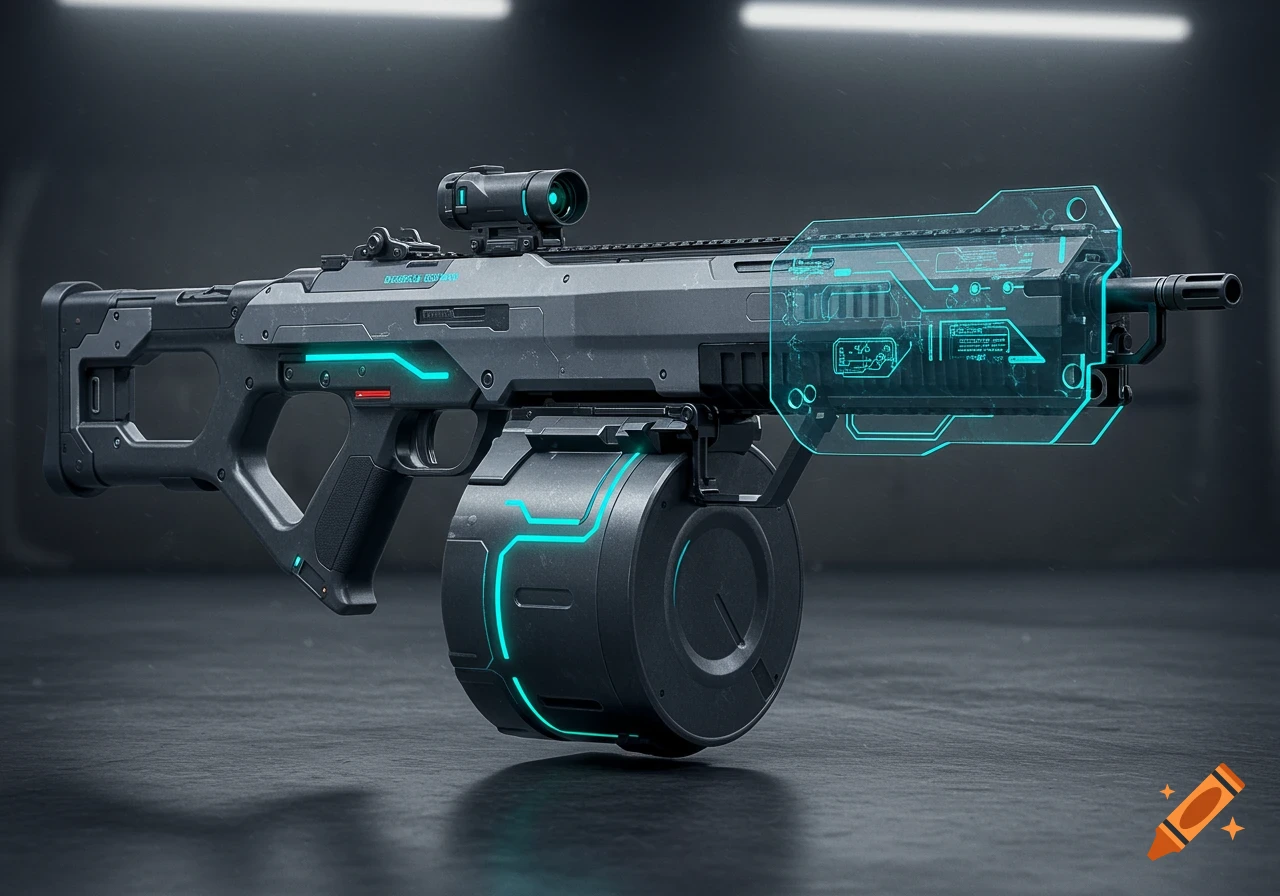 Futuristic machine gun with a large drum magazine and glowing blue holographic front shield on a dark background. Photorealistic style.