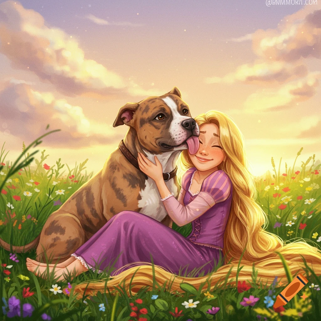 Cartoon illustration of Rapunzel sitting in a sunny meadow, hugging a Pitbull dog that is licking her face.