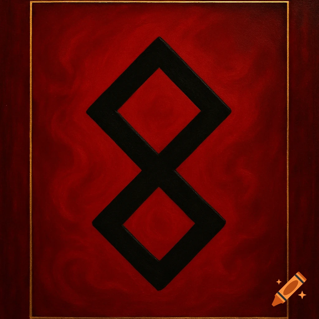 Black Othala rune on a textured red background with a thin gold border.