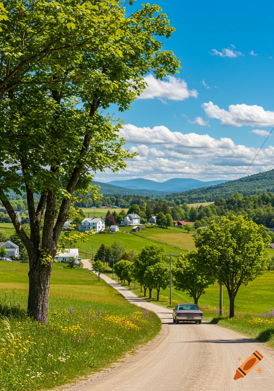 A vintage car drives on a winding dirt road through a vibrant green rural landscape with houses, trees, and rolling hills under a blue sky.