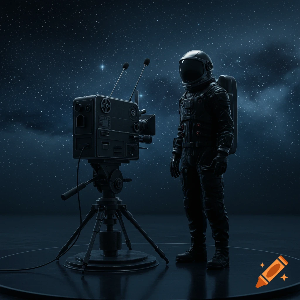 An astronaut in a black spacesuit stands next to a large retro television camera on a tripod, under a starry night sky.