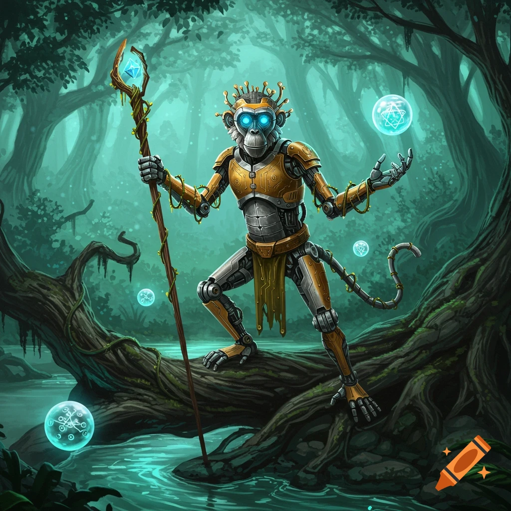 A detailed illustration of a robotic monkey wizard holding a glowing staff and casting spells in an enchanted forest.