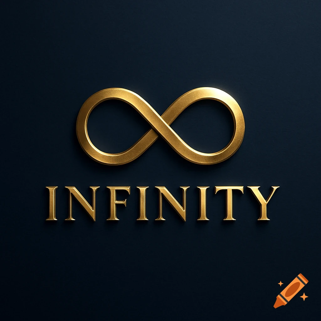 Golden infinity symbol above the word 'INFINITY' on a dark blue background, resembling a luxury logo.