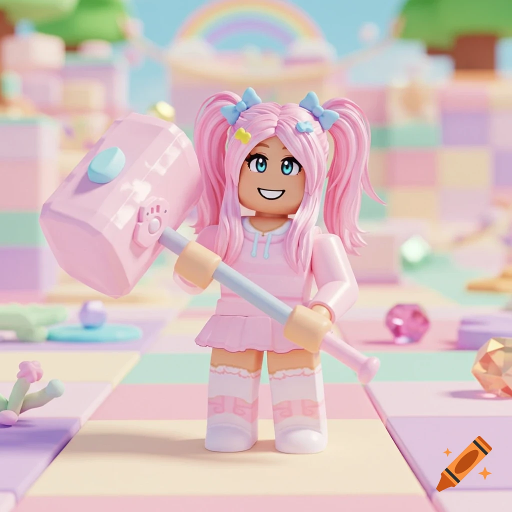 Smiling Roblox girl with pink pigtails and a pastel pink outfit holds a large pink hammer in a cheerful blocky world.