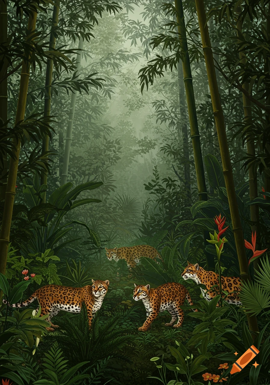 A vibrant, illustrative painting of several spotted jungle cats in a dense, dark green bamboo jungle with misty light.