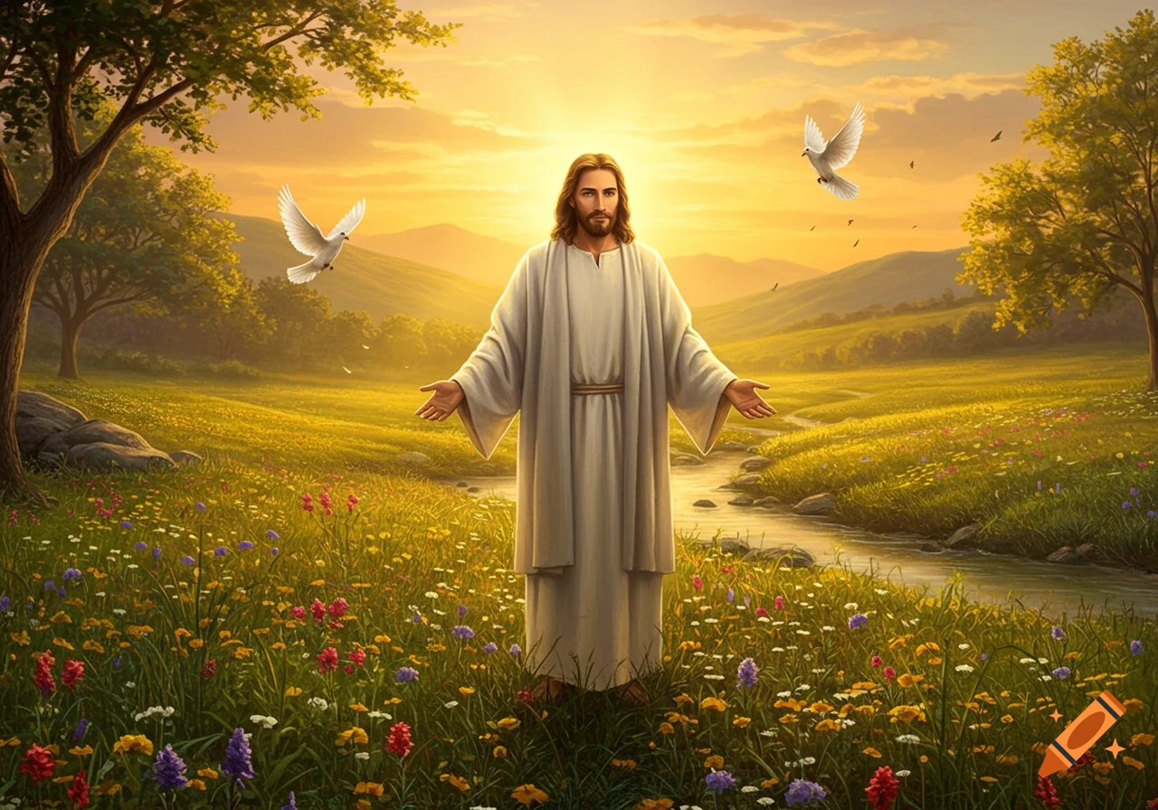 Jesus stands with arms outstretched in a radiant, sunlit meadow with colorful wildflowers, a stream, trees, and flying doves.